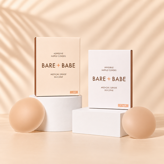 Adhesive & Non-Adhesive Nipple Cover Bundle: one pair each of Bare Babe Adhesive Nipple Covers and Non-Adhesive Nipple Covers, round reusable silicone nipple covers shown with their boxes